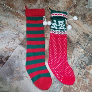 Knitted Christmas Stockings Teddy Bears Hearts Striped Pattern Set of 2 Large S